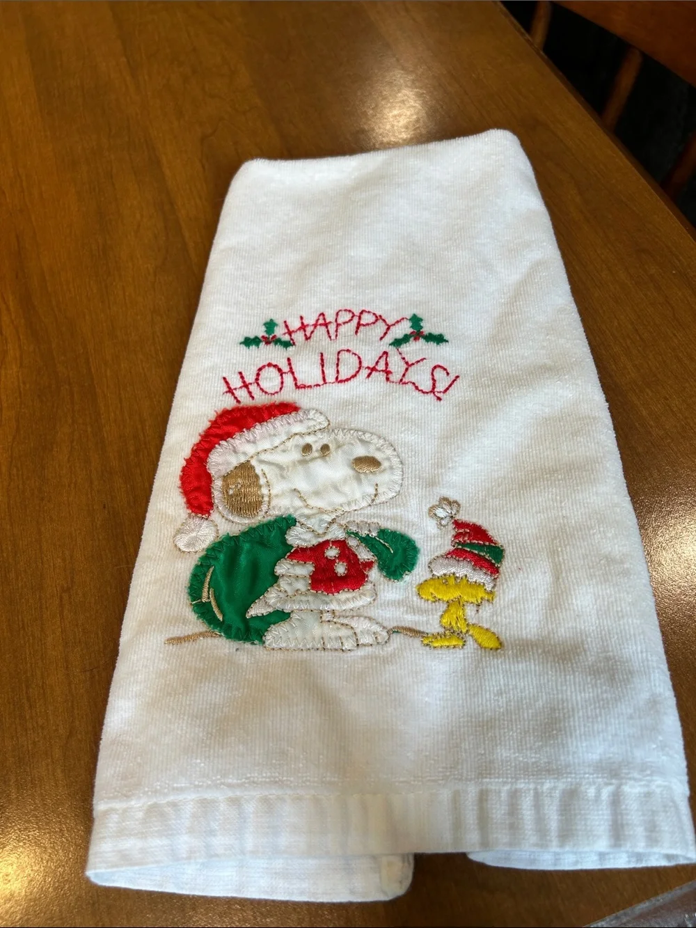 Embroidered 'Happy Holidays' Snoopy & Woodstock Kitchen Towel - White